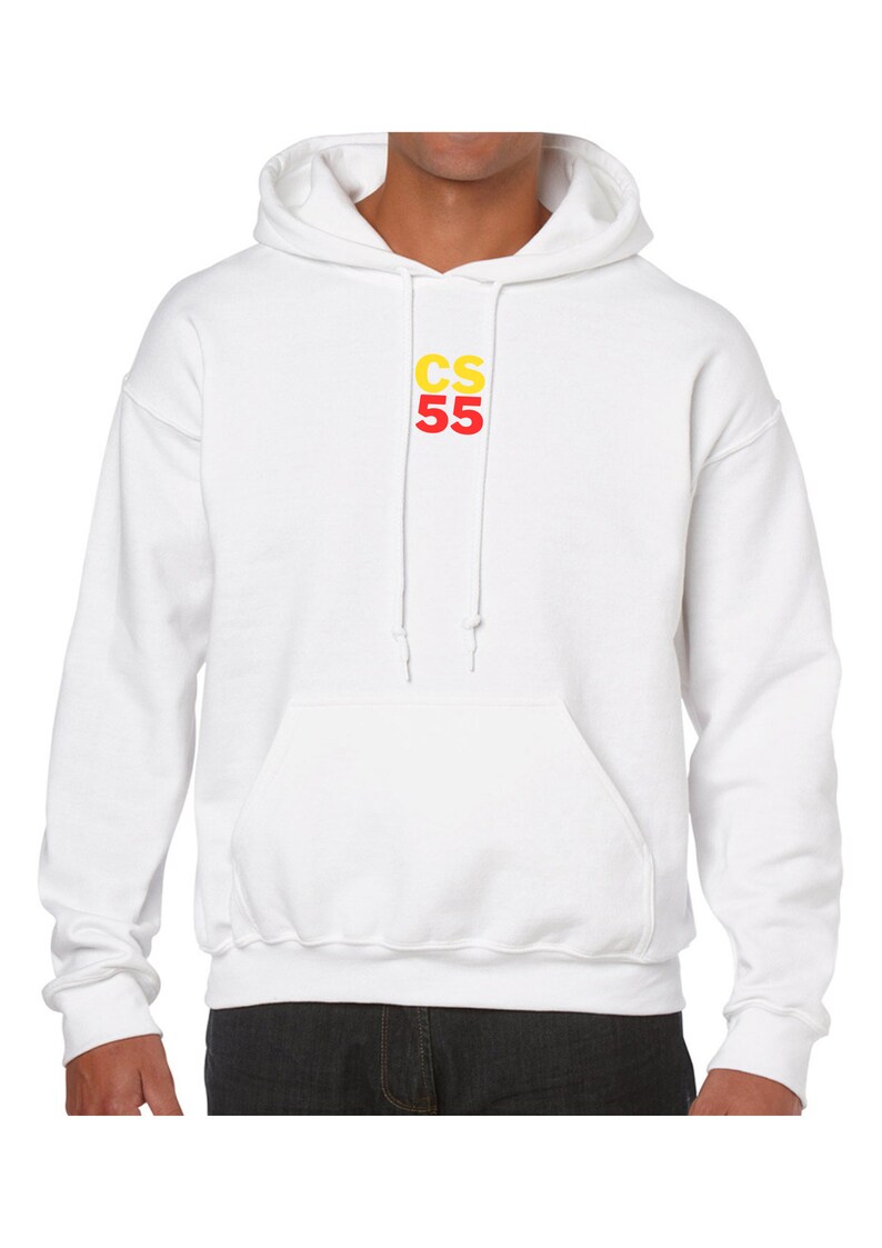May include: White hooded sweatshirt with the text "CS 55" in yellow and red lettering.