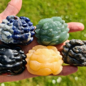 May include: A selection of carved stone frog ornaments in shades of blue, green, black, yellow, and grey. The frogs are held in a hand against a blurred green background.