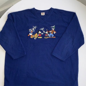 Vintage Disney Mickey, Minnie, Goofy, Pluto and Donald Embroidered Blue Fleeced Fleece V-neck Sweatshirt XXL