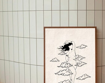 Könnte beinhalten: Eine Schwarzweiß-Zeichnung einer Person, die auf Wolken steht. Die Person hat langes Haar und trägt ein schlichtes Outfit. Die Wolken sind stilisiert und haben einen verspielten Charakter.