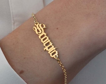 Old English Zodiac Sign Bracelet, Personalized Gift, Adjustable Chain