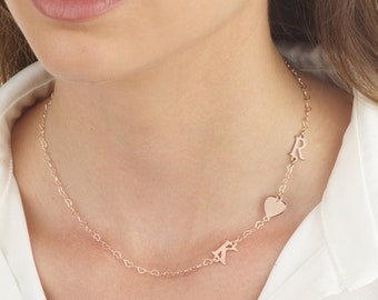 Sideways Initial Necklace, Two Initial Heart Necklace, Initial Necklace With Heart Charm, Sideways Letter Necklace, Two Letter Necklace Gift