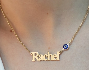 Personalized Name Necklace With Evil Eye, Gold Plated Nameplate Jewelry