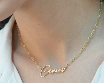 Personalized Gemini Zodiac Necklace, Gold Plated Heart Chain Jewelry