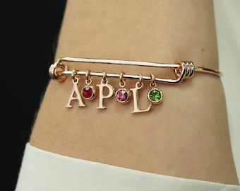 Personalized Bangle Bracelet, Custom Bangle Bracelet With Charms, Birthstone Bangle Bracelet, Initial Bangle Bracelet, Initial Bracelet Gift