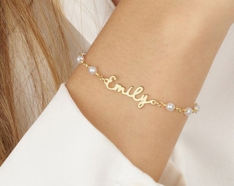 Pulsera de perlas personalizada con nombre, delicada pulsera de perlas, pulseras de perlas para mujer, pulsera de perlas con cuentas y nombre, pulsera de perlas doradas con nombre