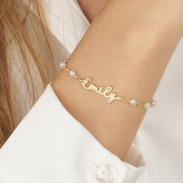 Bracelet prénom personnalisé en perles, bracelet de perles fines, bracelets de perles pour femme, bracelet prénom en perles de perles, bracelet de perles en or avec nom