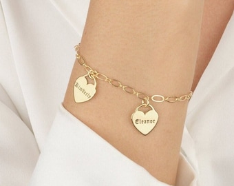 Bracelet de nom de lien, bracelet de nom de chaîne de lien, bracelet de charmes de coeur, bracelet de famille personnalisé, bracelet de mère avec cadeau de noms d’enfants