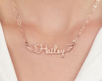 Collar con nombre y alas de ángel, collar con nombre y alas de ángel, collar con nombre y alas, collar con nombre delicado, joyería de ángel