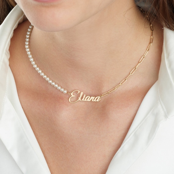 Paperclip Pearl Name Necklace Custom Pearl Name Necklace