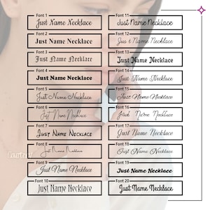 Puede incluir: Un gr&aacute;fico que muestra 20 estilos de fuente diferentes para el texto "Just Name Necklace".