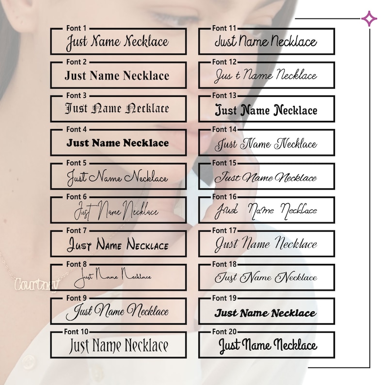 Puede incluir: Un gr&aacute;fico que muestra 20 estilos de fuente diferentes para el texto "Just Name Necklace".
