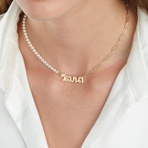 Half Pearl Half Paperclip Thai Name Necklace, Thai Necklace with Pearls, Thai Name Pendant, Lao Name Necklace, Thai Or Lao Letter Neckalce