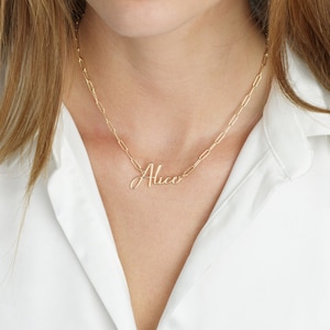 Name Necklace With Paper Clip Chain, Paperclip Necklace Gold, Paperclip Name Necklace, Paperclip Nameplate Necklace, Paperclip Jewelry Gift