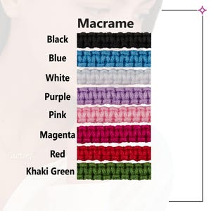 a variety of macrame designs in different colors, including black, blue, white, purple, pink, magenta, red, and khaki green.