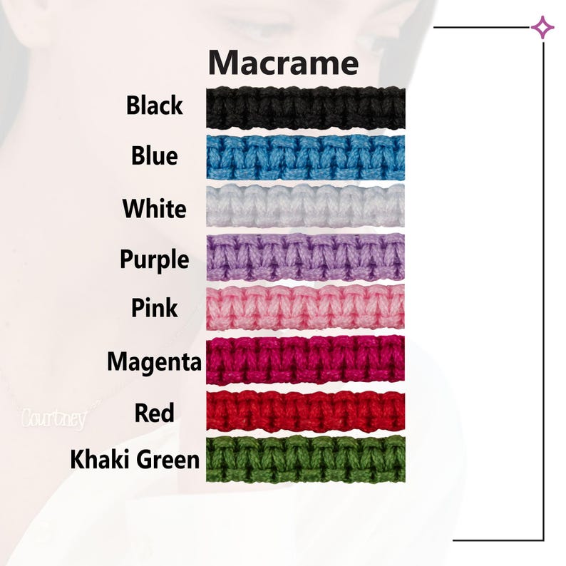 a variety of macrame designs in different colors, including black, blue, white, purple, pink, magenta, red, and khaki green.