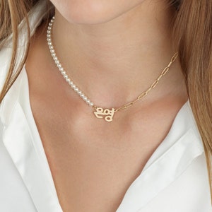 Half Pearl Half Paperclip Korean Name Necklace, Hangul Name Necklace With Pearls, Korean Name Plate, Personalized Korean Name Necklace Gift
