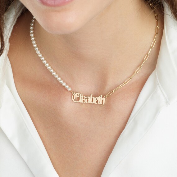 ペーパークリップパールネームネックレス、オールドイングリッシュ