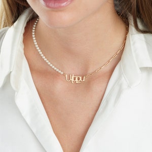 Half Pearl Half Paperclip Armenian Name Necklace, Personalized Name Necklace in Armenian, Armenian Gifts, Custom Armenian Name Jewelry Gift image 1
