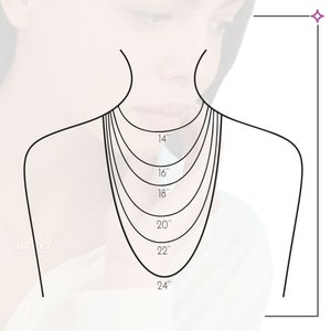 May include: Diagram showing different necklace lengths on a model. The lengths are 14 inches, 16 inches, 18 inches, 20 inches, 22 inches, and 24 inches.