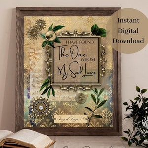 Opera d'arte romantica stampabile - "The One My Soul Loves" Decorazione per la casa - Arte collage con tecniche miste - Stampa delle Scritture della Bibbia - Regalo di nozze cristiano