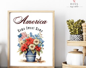 America Home Sweet Home Wall Print, 4th of July Printable, American Flag Print, Patriotic Home Decor, Farmhouse Decor, Printable Wall Art