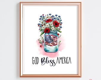 God Bless America Wall Print, 4th of July Printable, America Print, Memorial Day Veterans Day, Americana Printable Wall Art, USA Decor
