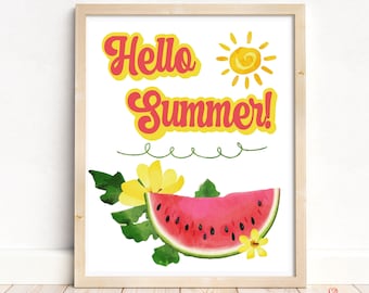 HELLO SUMMER Watermelon Printable Wall Art, Fruit Kitchen Food Art, Instant Download, Kitchen Decor, Summer Decor, Summer Print, Watermelon