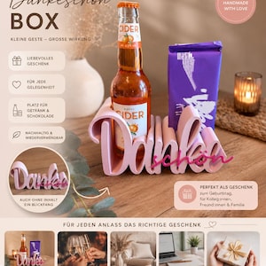 Könnte beinhalten: Ein hellrosa Geschenkhalter aus Holz mit dem Wort Danke in Schreibschrift, der eine Glasflasche Cider und eine rechteckige lila Verpackung hält. Der Halter hat eine glatte Oberfläche und wird mit verschiedenen Werbetexten dargestellt.