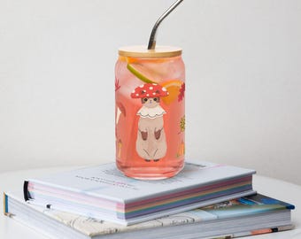 Unique Designed Iced coffees Cup, 16oz Glass Cup, Fruit Tea Glass with Lid and Straw, Cat Cup, Perfect For Any Occasion And Gift.