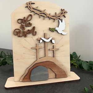 Tomba della scena di Pasqua, Pasqua risorta, Gesù cristiano Croce stratificata File digitale SVG DXF Download immediato Taglio laser religioso di Pasqua