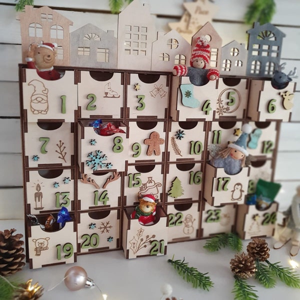 Fichier numérique Calendrier de l’Avent en bois de Noël avec tiroirs et maisons, compte à rebours, 1er décembre, fichier svg en bois laser FICHIER NUMÉRIQUE 3mm et 4mm