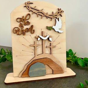 He Is Risen SVG, Resurrection Scene Laser Cut File, Easter Empty Tomb Cross 3D Layered Wood Art, Glowforge Files, Christian Religious Decor
