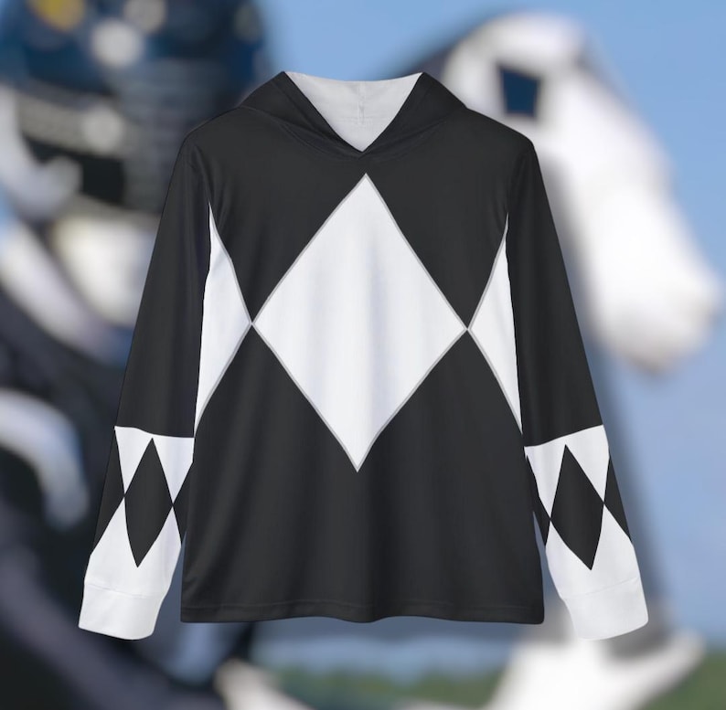 May include: Black long-sleeve hoodie with a white diamond pattern on the front and sleeves. The hoodie has a drawstring hood.