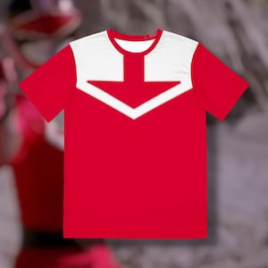 May include: Red t-shirt with a white arrow design on the front. The arrow points down.