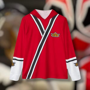 May include: Red long-sleeve hooded shirt with black and white stripes and a gold emblem with the text "RXS" on the front.