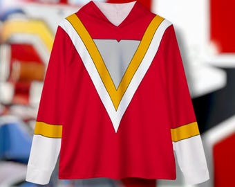 Sudadera con capucha roja de Fiveman (estampado completo) Super Sentai personalizada Ligera, transpirable, para entrenar, jersey, fitness, retro