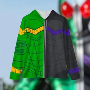 May include: A green and black hooded sweatshirt with a split design. One side features a green and yellow spiderweb pattern, while the other side features a black spiderweb pattern with purple accents.
