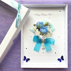 Luxus personalisierte Geburtstagskarte, Blaue handgemachte Blumenkarte, Blumen-Geburtstagskarte, Geburtstagskarte, Blumenstraußkarte, 3D-Blumenkarte C072