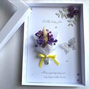 Luxe handgemaakte gepersonaliseerde verjaardagskaart met gedroogde bloem, verjaardagskaart bloemboeket C025