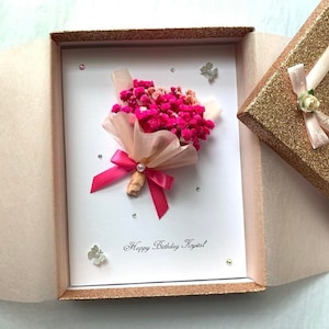 Luxus personalisierte handgemachte Geburtstagskarte, handgemachte konservierte Blumenkarte, getrocknete Blumen Geburtstagskarte, Geburtstagskarte, Blumenstraußkarte C008