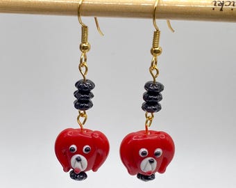 Red Puppy Dog Lampwork Earrings: Handmade Dangle Jewelry