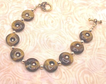 Gold Tiger Eye Donut Bead Bracelet: Natural Brown Gemstone