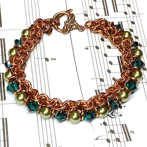 Copper, Swarovski Pearl, and Crystal Chainmaille Bracelet - NA-556, copper bracelet, pearl and crystal bracelet, jewelry gift, handmade