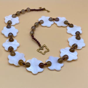 Flower Shell, Smoky Quartz, and Carnelian Necklace with Butterfly Toggle Clasp - NA-109