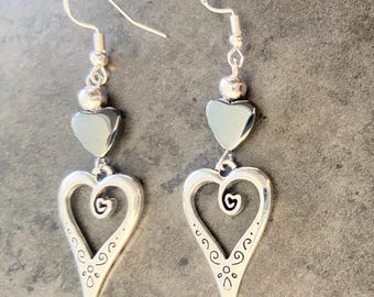 Earrings, Heart Earrings, 925 Sterling Silver Hypoallergenic back, Boho Dangle Earrings, Drop Earrings, Dress Jewellery