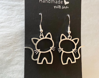 Cat Earrings, Cat Lover Gift, Dangle Earrings, Silver Cat Present, 925 Sterling Silver hypoallergenic back, Valentines Jewellery, fur baby