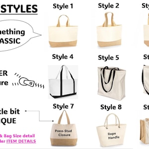 K&ouml;nnte beinhalten: Neun verschiedene Stile von Tragetaschen werden gezeigt. Die Taschen sind aus Canvas und haben verschiedene Verschl&uuml;sse, Griffe und Stile. Der Text "Something Classic" befindet sich &uuml;ber den ersten drei Taschen, und der Text "ZIPPER Closure" befindet sich &uuml;ber den n&auml;chsten drei Taschen. Der Text "A little bit UNIQUE" befindet sich &uuml;ber den letzten drei Taschen. Der Text "Press-Stud Closure" befindet sich auf einer Tasche, und der Text "Rope Handle" befindet sich auf einer anderen Tasche.