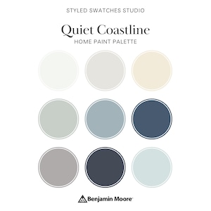 May include: A color palette titled "Quiet Coastline" with nine circular paint swatches in shades of white, gray, and blue. The text "STYLED SWATCHES STUDIO" and "HOME PAINT PALETTE" are also present. The Benjamin Moore logo is at the bottom.