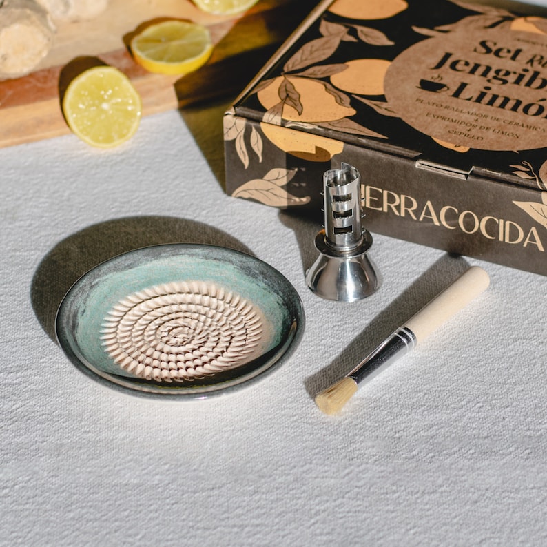 Handcrafted Ceramic Ginger Grater & Lemon Squeezer Set Eco-Friendly, Wellness Tea Experience for Valentine's Day-Grater plate ginger lemon image 3